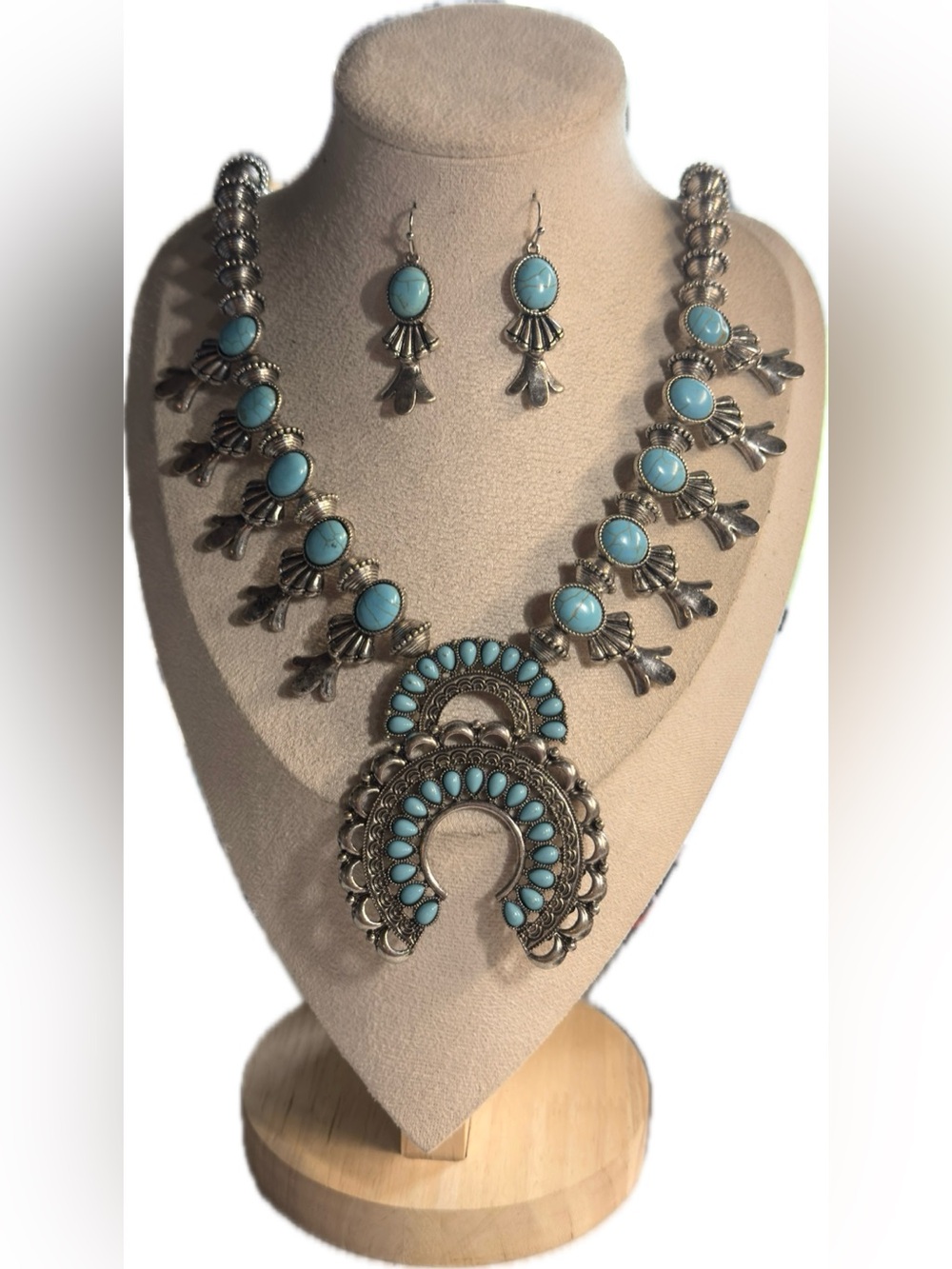16.5” Shyanne Turquoise Blue Squash Blossom Necklace and Earring Set